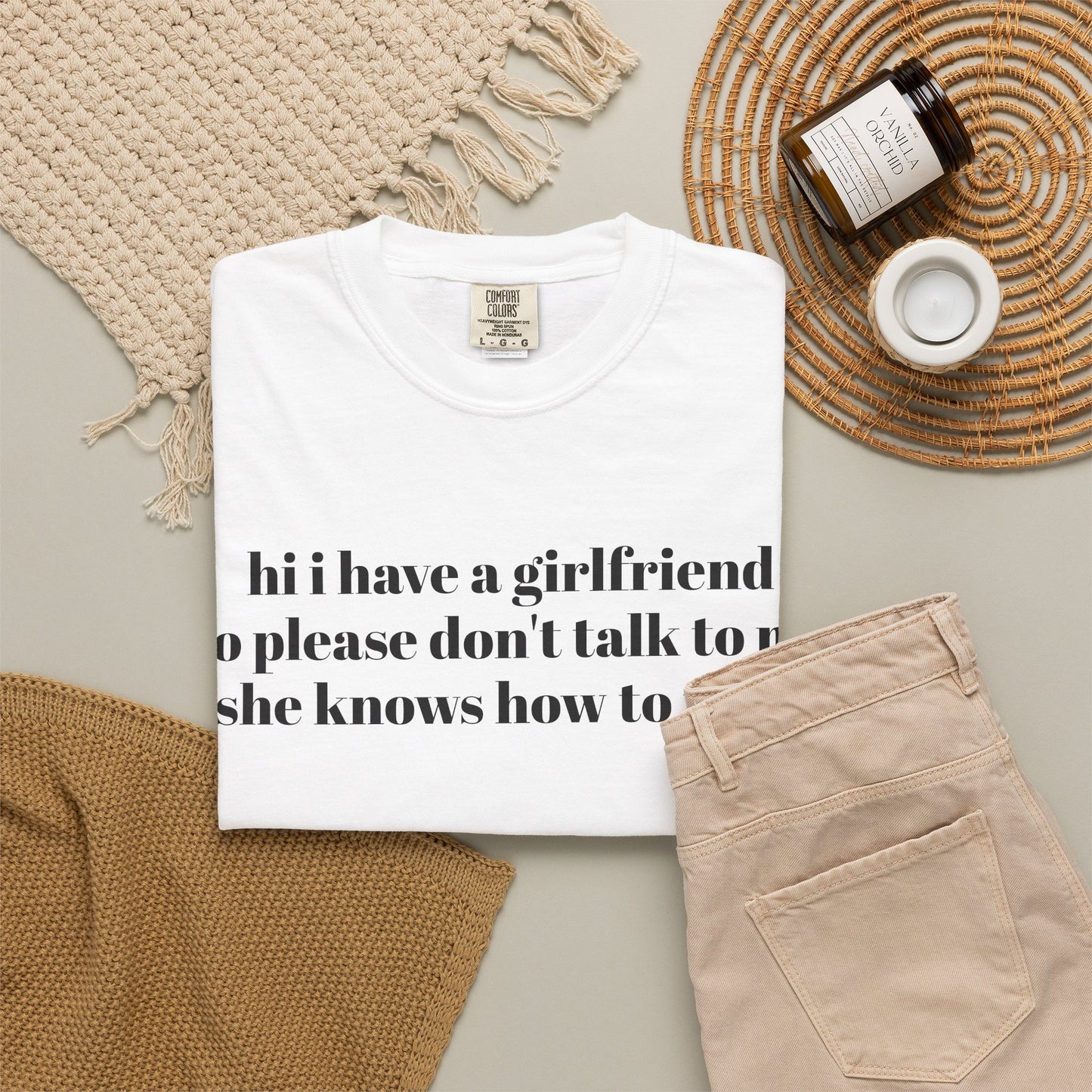 “Hi I Have a Girlfriend so Please Don't Talk to Me (she knows how to fight)” Graphic Tee — Funny Front Text & “thanks” Back T-Shirt