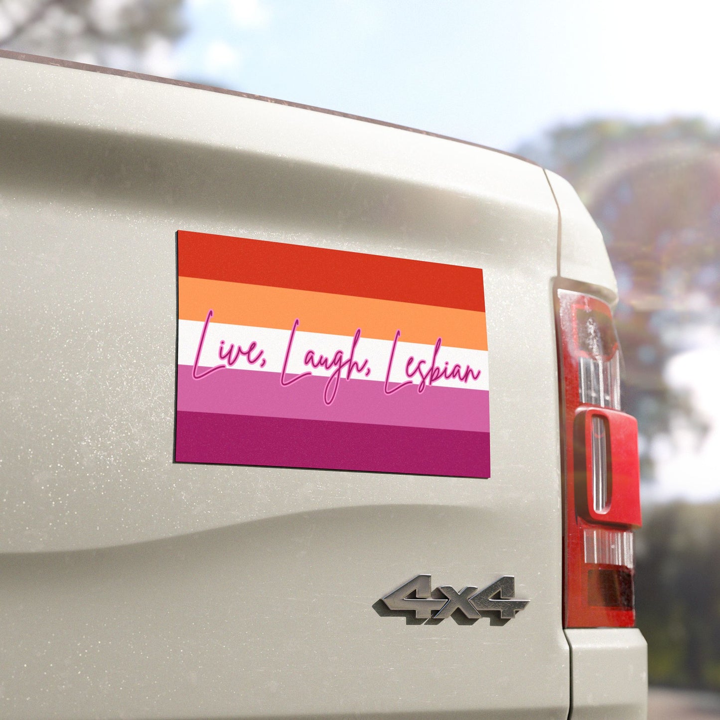 Lesbian Pride Flag Car Magnet — "Live, Laugh, Lesbian" Striped Flag Design