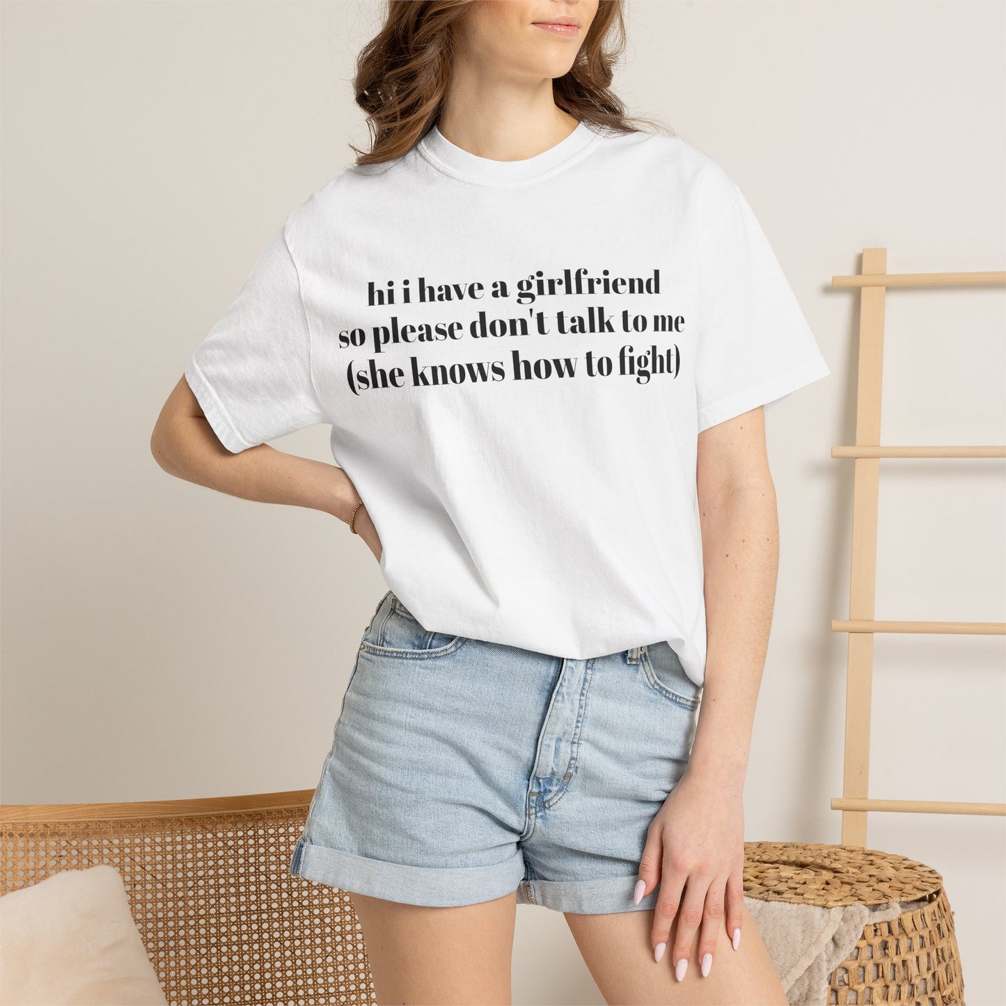 “Hi I Have a Girlfriend so Please Don't Talk to Me (she knows how to fight)” Graphic Tee — Funny Front Text & “thanks” Back T-Shirt