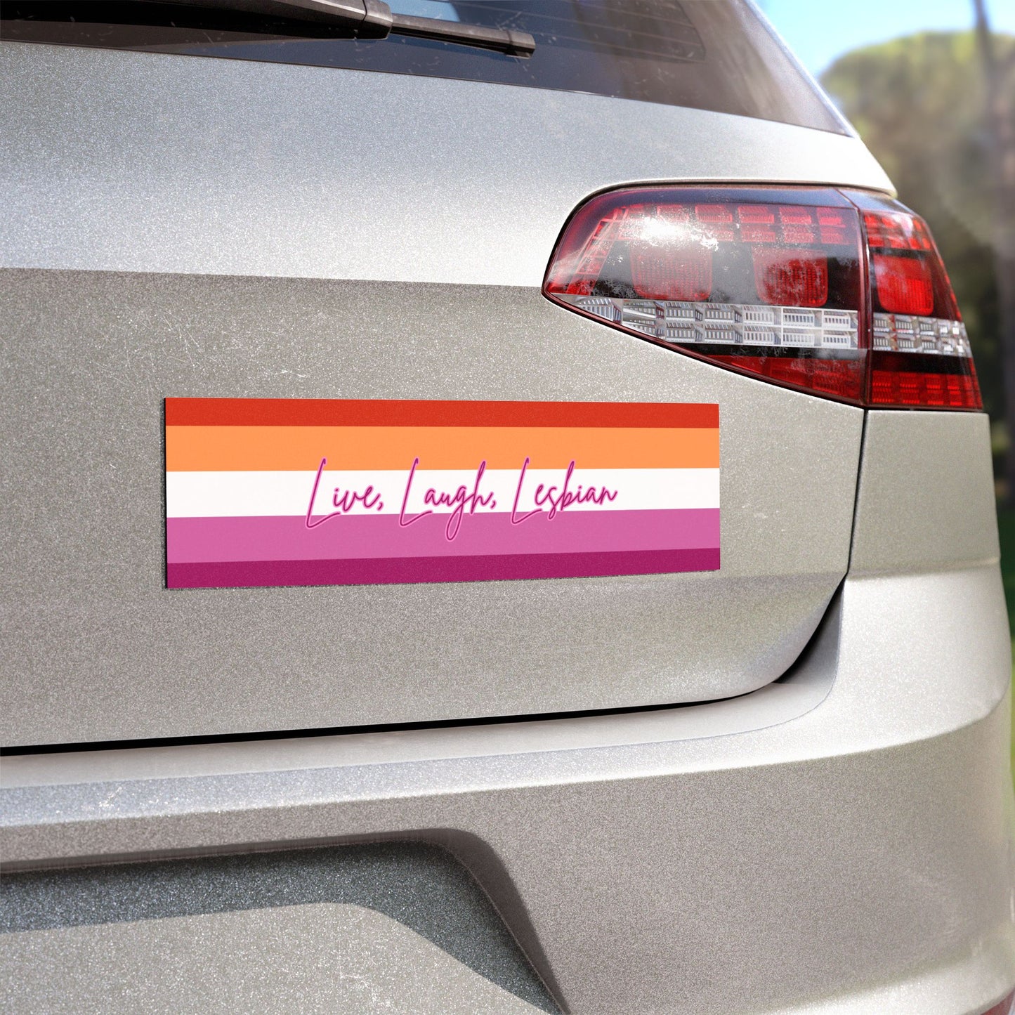 Lesbian Pride Flag Car Magnet — "Live, Laugh, Lesbian" Striped Flag Design